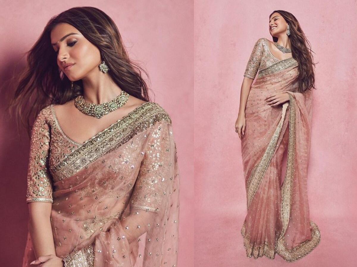 MIRCHI FASHION Peach Embroidered Saree With Unstitched Blouse Piece